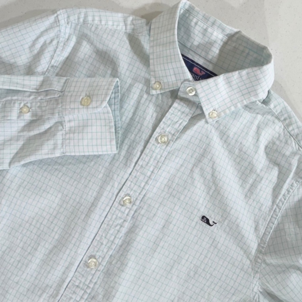 Vineyard Vines Slim Fit Whale Shirt XS Light Green White Windowpane Button Down